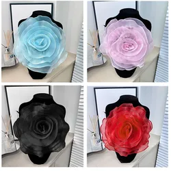 17/27cm spilla grande fiore di rosa Patch abbigliamento abito collo decorazione artificiale petto fiore Organza fatta a mano fiore 3D corpetto