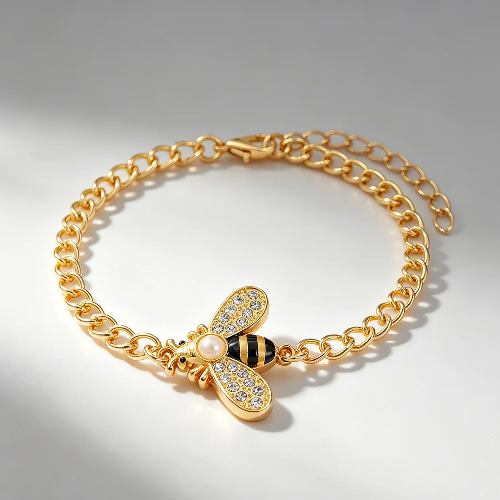 Vergoldetes Bienen-Charm-Armband, Kristall-Strass-Flügel, Kunstperlen-Honigbienen-Gliederketten-Armreif, Modisches Insektenschmuck-Geschenk