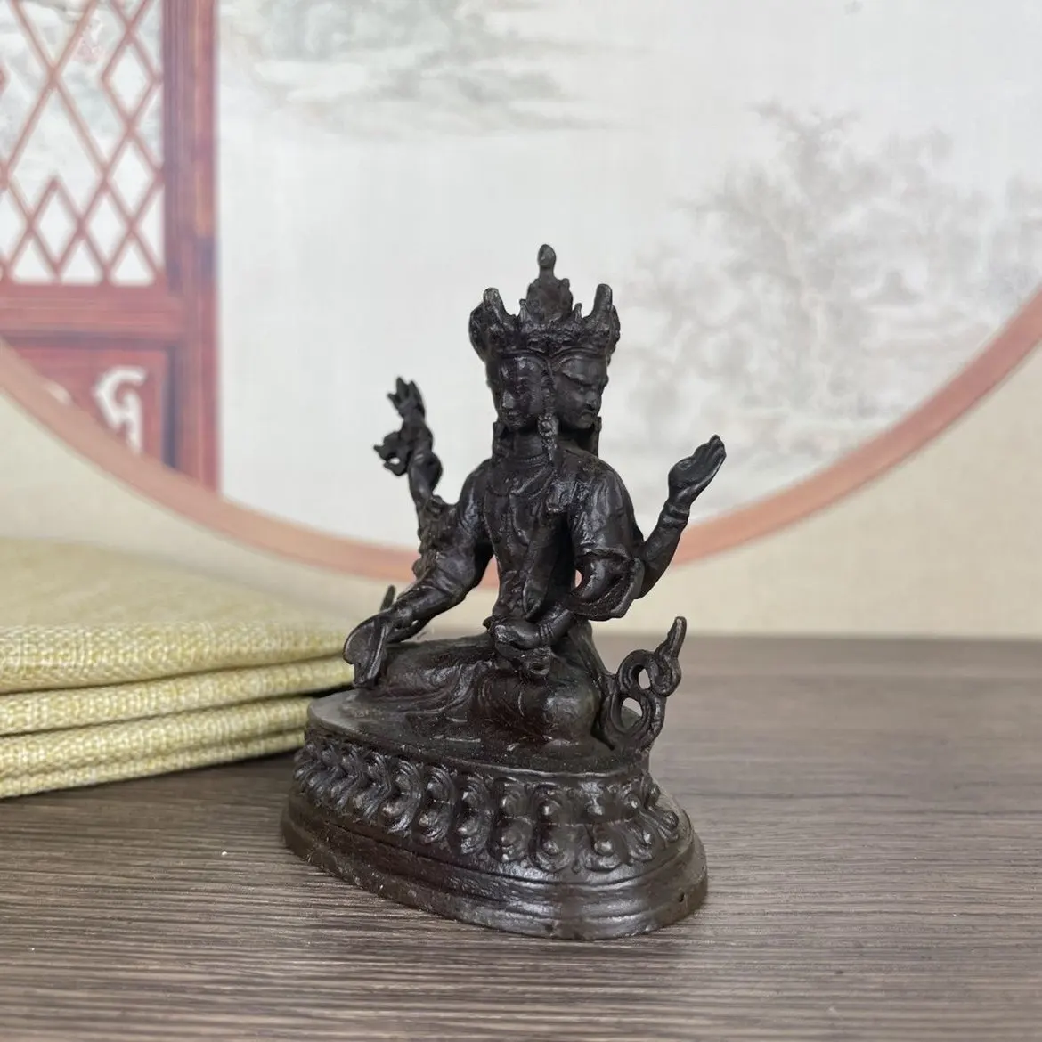 Vintage Brass Tibetan Tantric Three-Faced Bodhisattva Statue Small Ornament For Home Prayer Shrine Decor