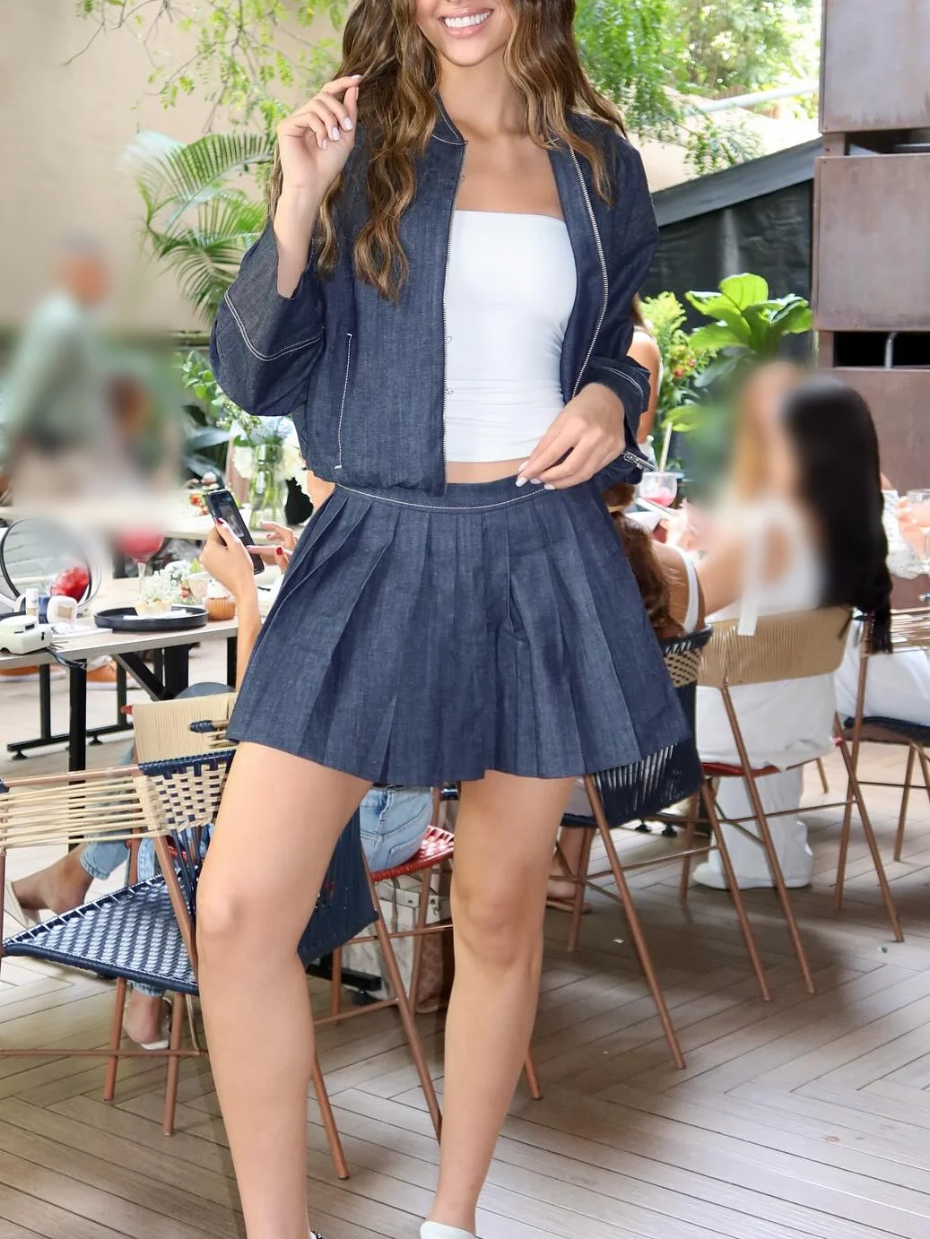 Casual Vintage Denim Loose Women Suit O Neck Zipper Bomber Jacket Pleated Mini Skirt Fashion Spring Summer Retro Outfit