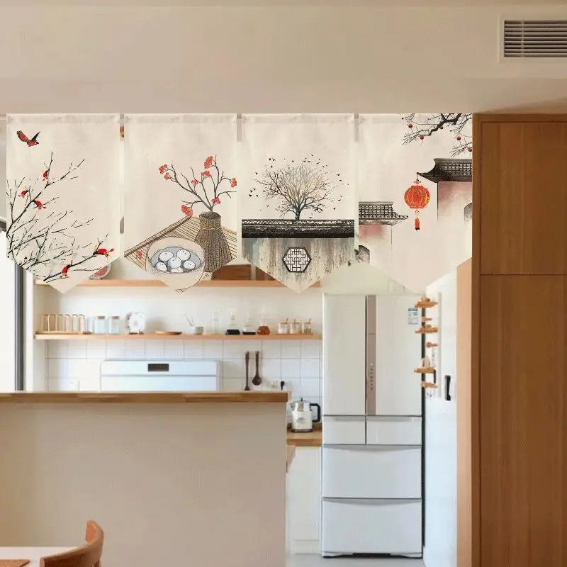 VIKAMA Chinese Style Triangle Bunting Pennant Plum Blossom Ink Print Hanging Flag Curtain for Ceiling Kitchen Wall Decor
