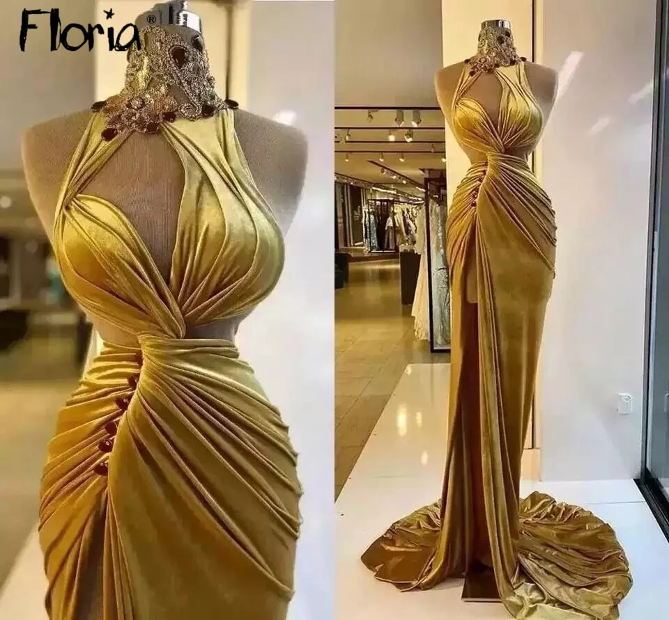 Floria-vestido de fiesta de terciopelo amarillo para mujer, Vestido largo de noche Formal con abertura lateral y cuello alto, a la moda