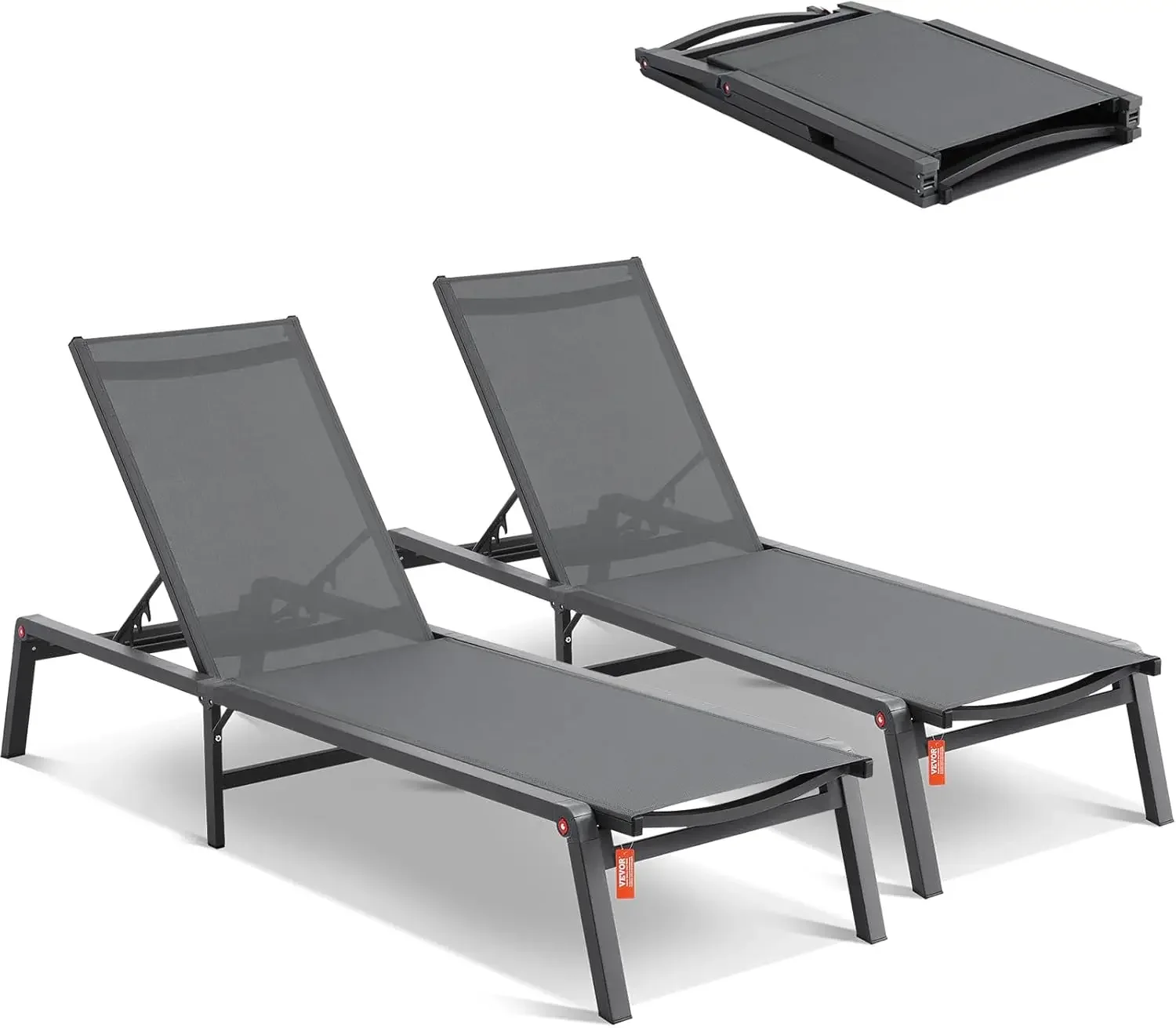 2 Pcs Chaise Lounge Chairs Outdoor, Aluminum Patio Lounge Chairs with Adjustable 5-Position, Folding Pool Lounge Chairs Recliner