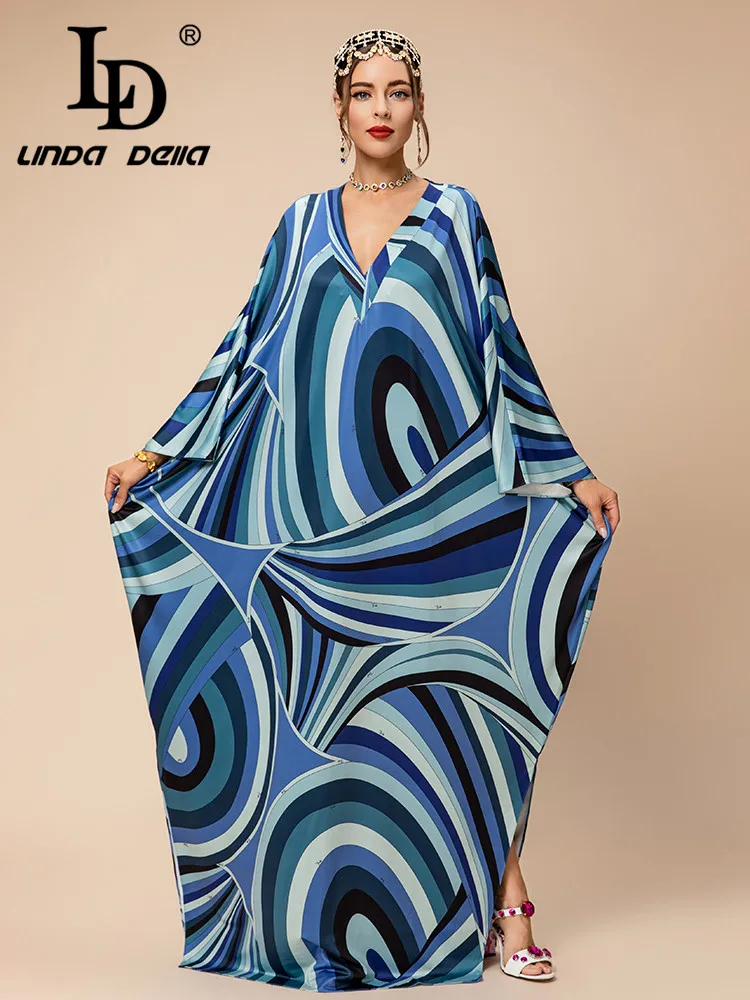 

LD LINDA DELLA Autumn and Winter New Style Vintage Dress Women's V-Neck Bohemia Irregularity Print Loose Long Dress