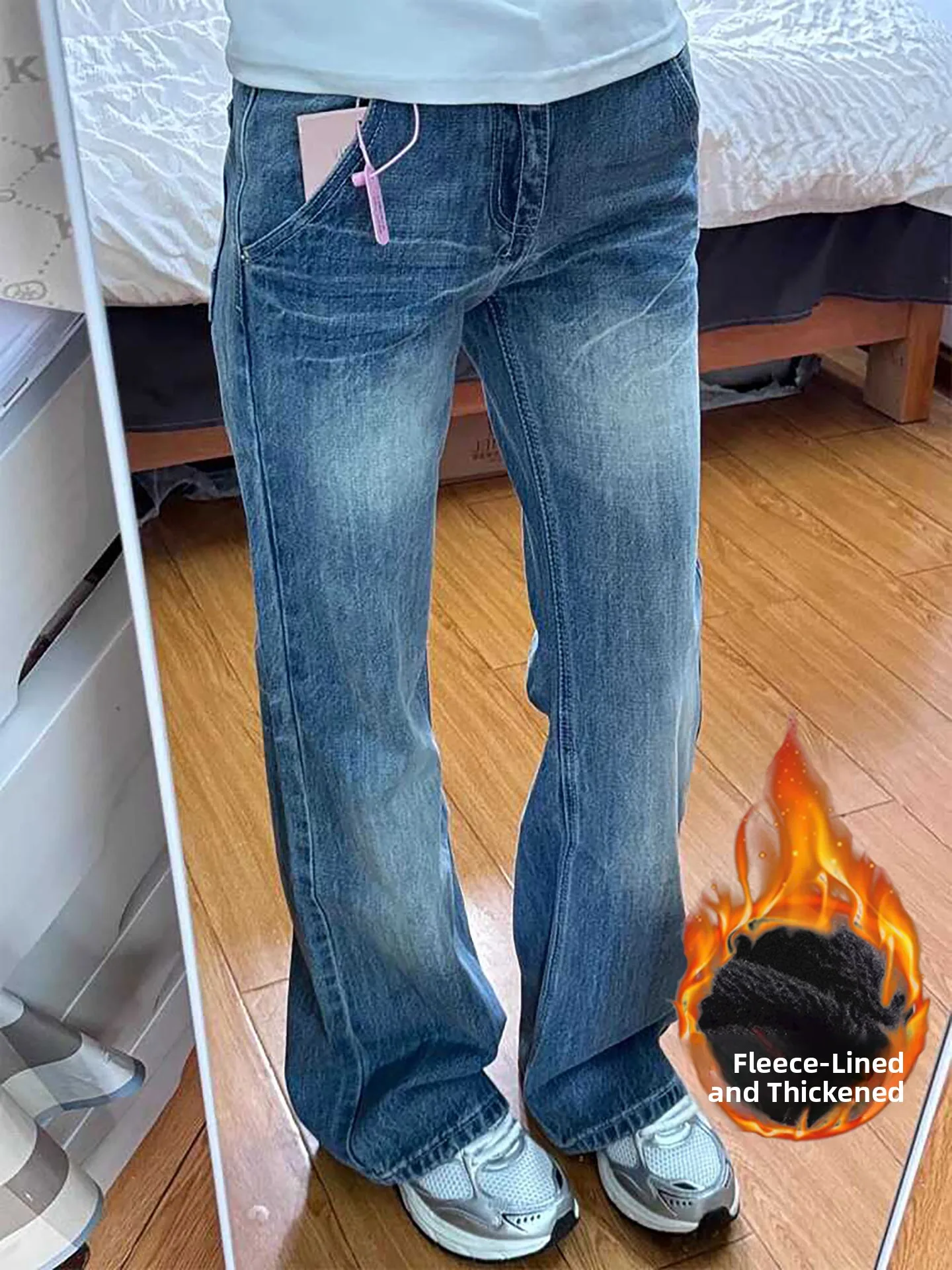 

Retro Low Waist Bell Bottom Casual Denim Jeans Women's Spring Autumn Slimming Floor Length Straight Leg Pants
