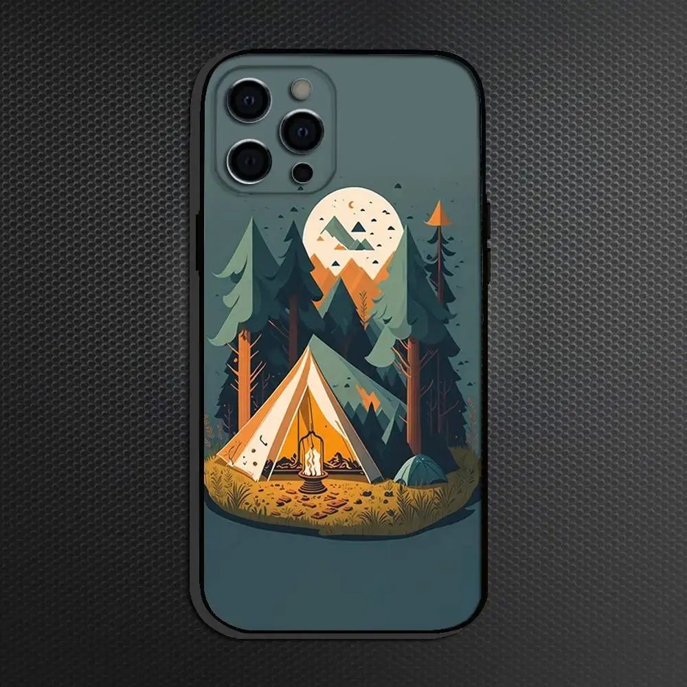 Nature Outdoor キャンプ用iPhoneケース iPhone 16,15,14,13,12,11 Plus,Pro Max,その他対応 ソフトブラックカバー