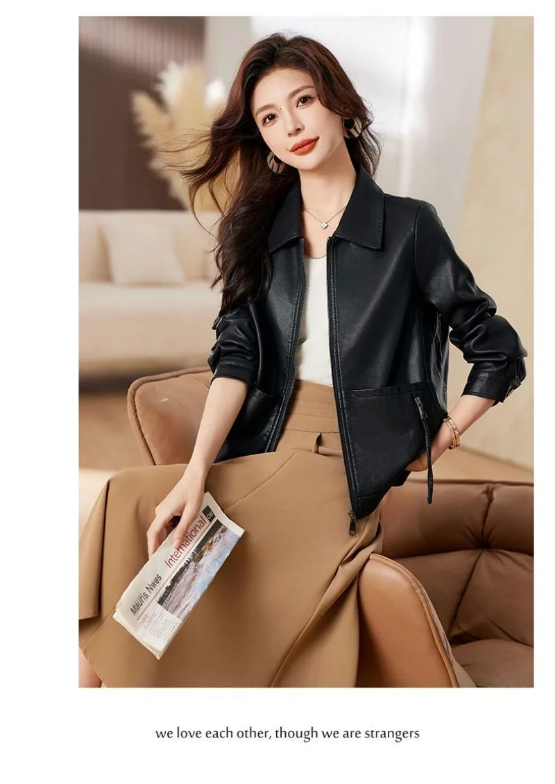 New 2026 Temperament PU Leather Jacket Women's Autumn Lapel Loose Motorcycle Jacket Ladies Casual Female Outwear Overcoat