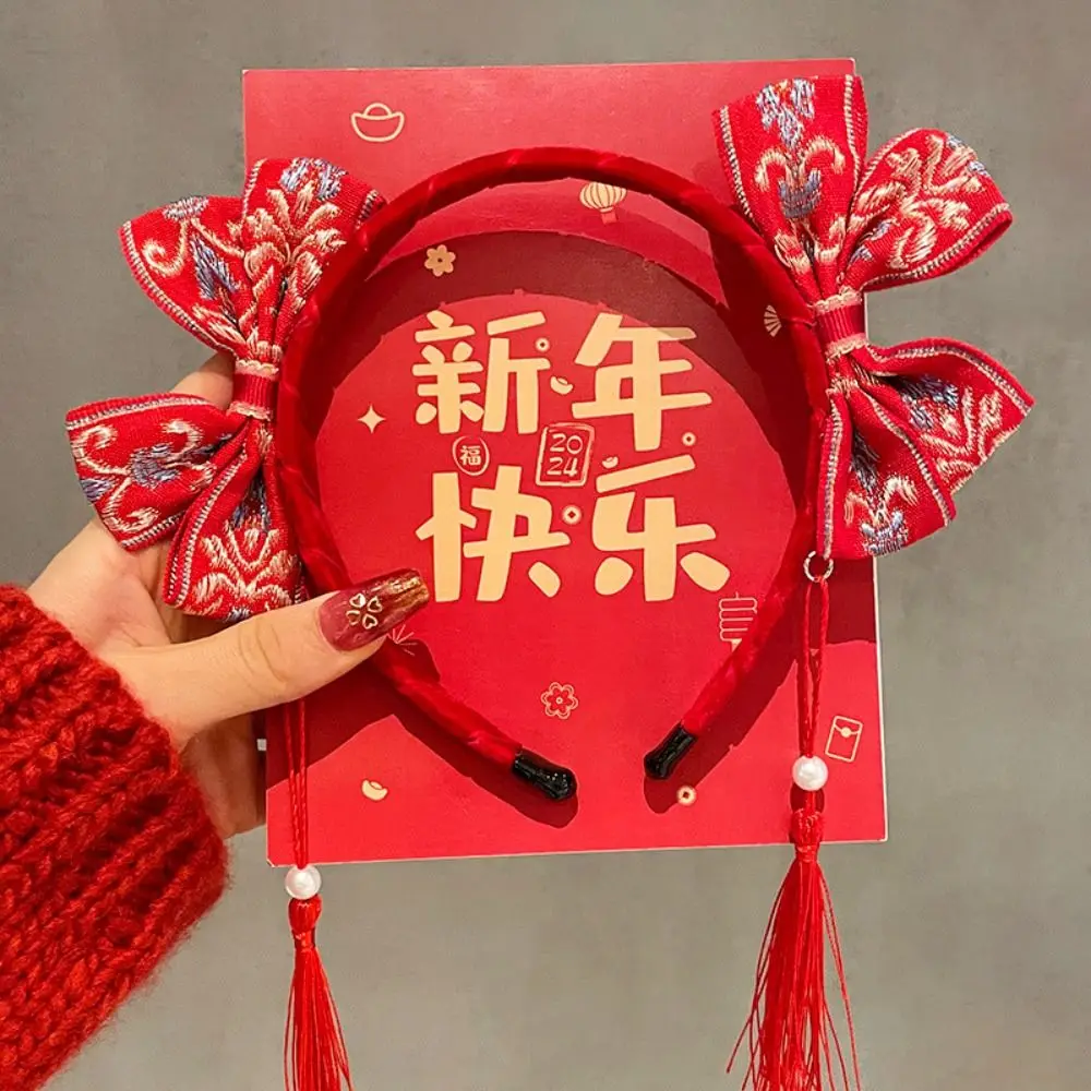 

Lovely Red Hairband New Year Hair Band Tassel Flower Red Bow Headband Hairball Felt Hair Hoop Chinese Style Headdress Prom Props