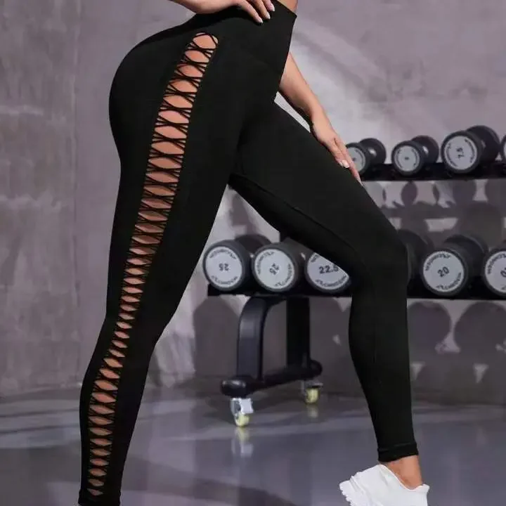 Solid Color Yoga Pants, High Waist and Hip Lift Fitness Trousers, Side Hollow Seamless Sports Leggings