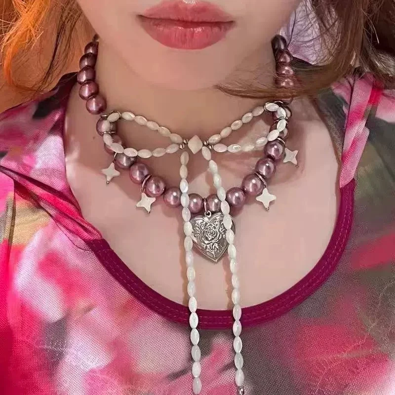 

Y2K Pearl Bow Pendant Necklace for Women Harajuku Kawaii Charm Aesthetic Star Necklace Vintage Accessories Korean Fashion ewelry
