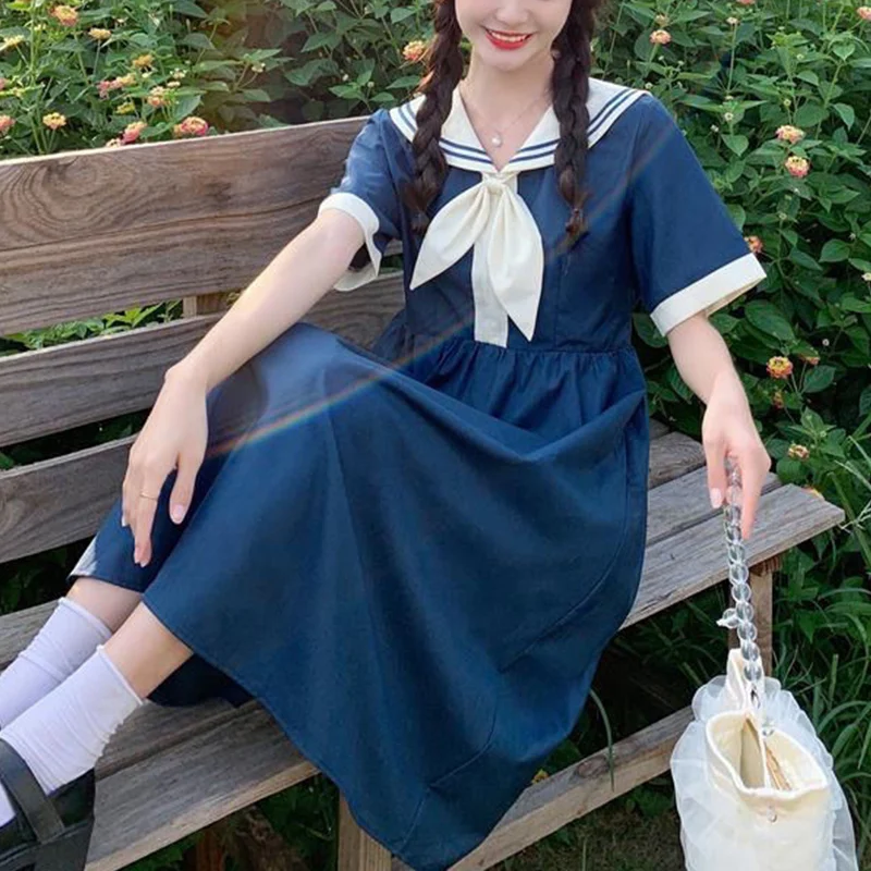 Summer New Fashion Preppy Style Sailor Collar Loose Casual Robe Femme Short Sleeve Sweet Bow Dress Women's Oversized Vestidos