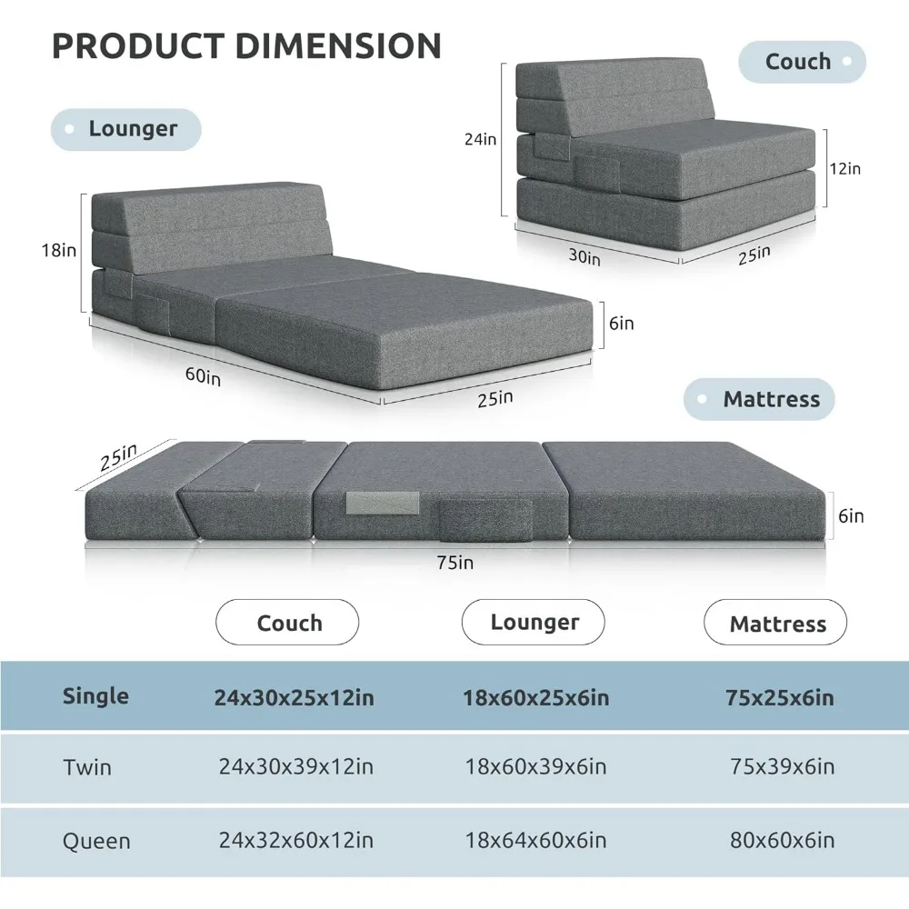 سرير أريكة للضيوف موفر للمساحة، مرتبة قابلة للطي مقاس 6 بوصات للمنزل، أريكة نوم مريحة لمساحات المعيشة #2