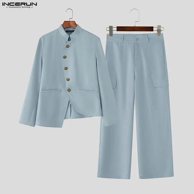 

INCERUN Мужские комплекты Однотонный воротник-стойка Блейзер с длинными рукавами и брюки Комплекты из двух предметов Уличная мода Повседневные мужские костюмы S-5XL