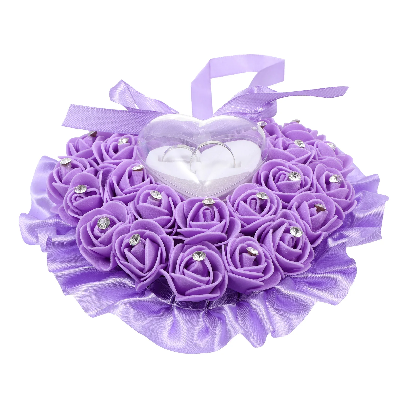 

Heart Shaped Transparent Box Wedding Ring Pillow Rhinestone Adornment Plastic Flower Purple Pearl Cushion Case Storage Romantic