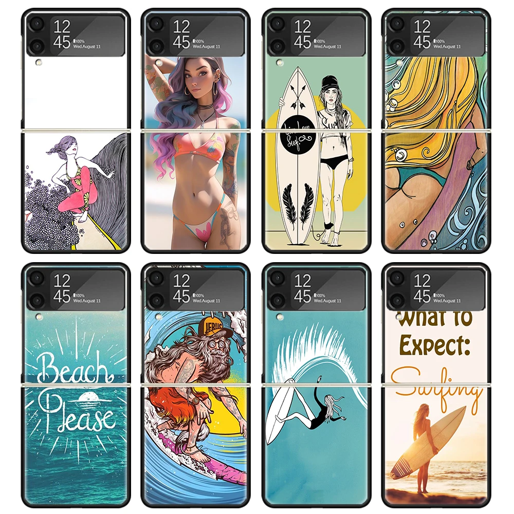 Surfboard Surfing Surf Girl Summer Phone Case For Samsung Z Flip 6 5 4 3 Galaxy ZFlip6 5G Flip5 Flip4 Black Hard Camera Protecti