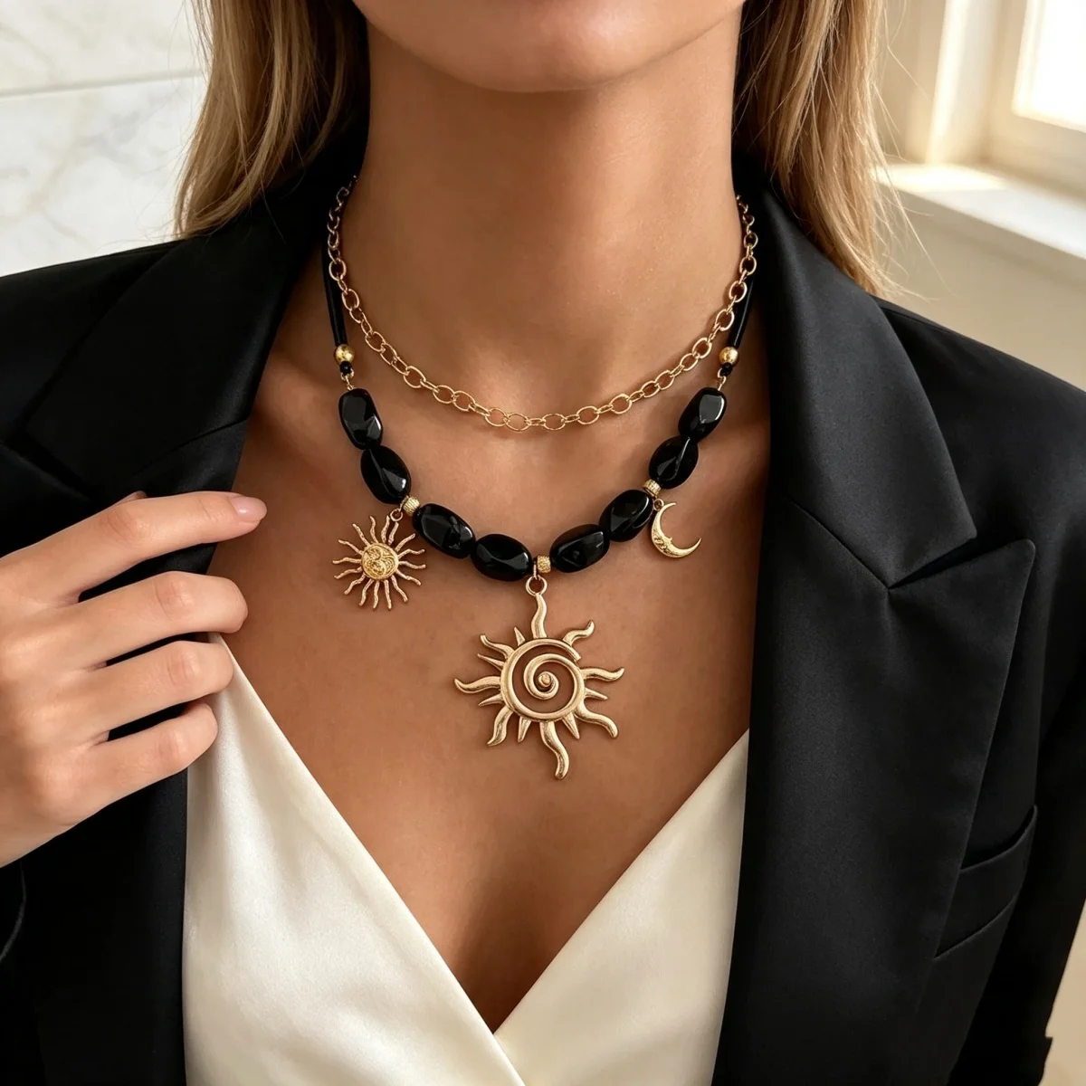 Doppelschichtige Unregelmäßige Schwarze Harzperlen Spiral-Sonne-Mond-Anhänger Halskette für Frauen und Männer Ethnischer Stil Sonnenblumen-Choker Schmuck – Detail 9
