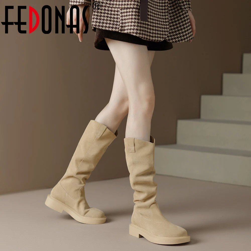 

FEDONAS Retro Concise Women Knee-High Boots Autumn Winter Cow Suede Leather Thick Heels Round Toe Office Lady Shoes Woman Basic