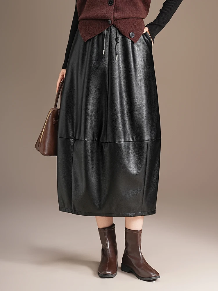 

ZUZK Fashion Casual PU Leather Lantern Skirt Autumn New Women Korean Style Elastic Waist Bud Skirt Simple Elegant Skirt