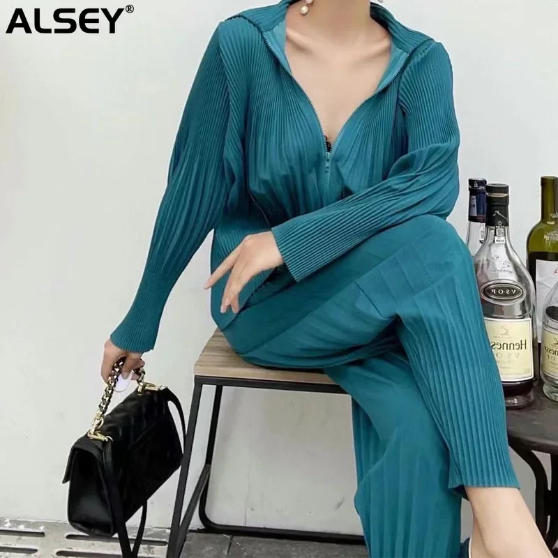 

ALSEY Miyake Pleated Hoodie Jacket + Harem Pants Suit Two-piece Spring and Fall New Fashion Versatile Casual Sports Style Suit