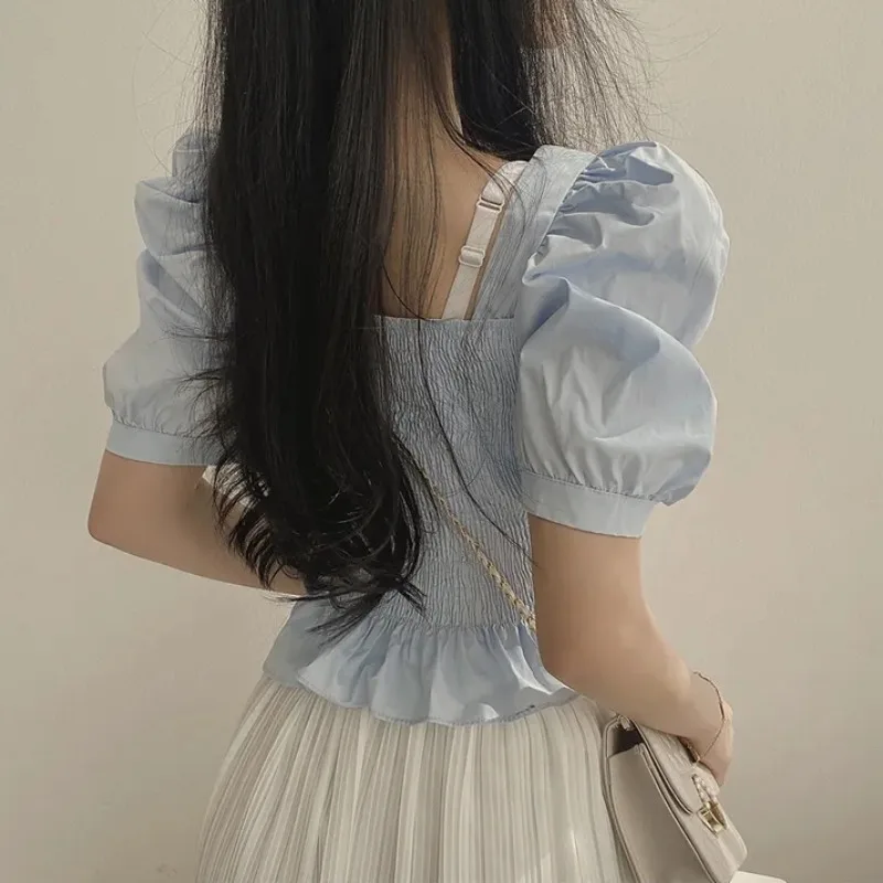 시크 빈티지 하트 칼라 싱글 버튼 반팔 셔츠 여성용 탑 한국 스타일 출퇴근용 순색 면직물 스트레이트 컷