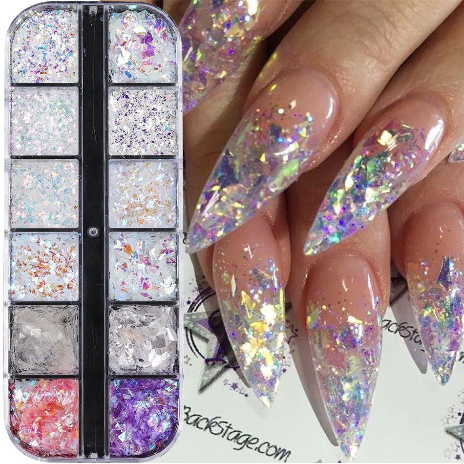 12 Rejillas de Lentejuelas Iridiscentes para Uñas, Escamas Holográficas Irregulares con Brillo Aurora, Accesorios Brillantes para Decoración de Manicura