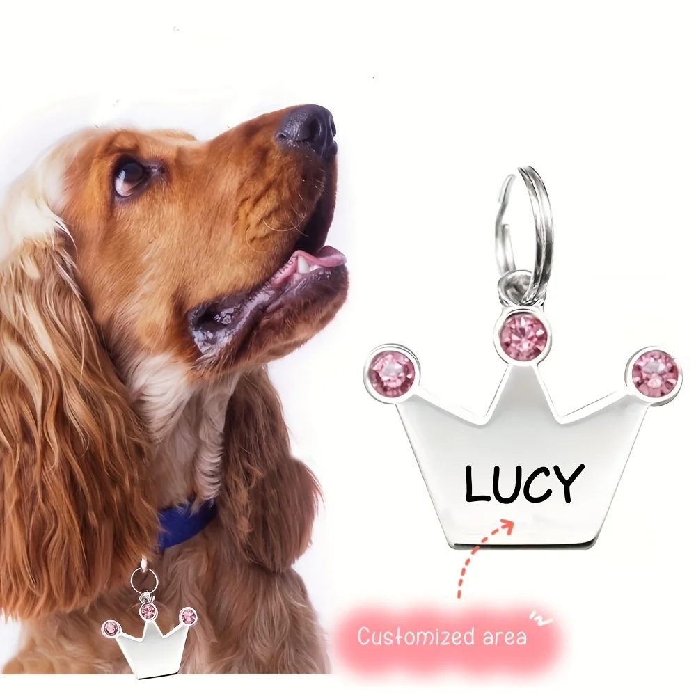 1pc Customizable Pet ID Tag with Pink Crown & Rhinestones - Zinc Alloy Dog & Cat Collar Charm, Engravable Personalized Dog Tag