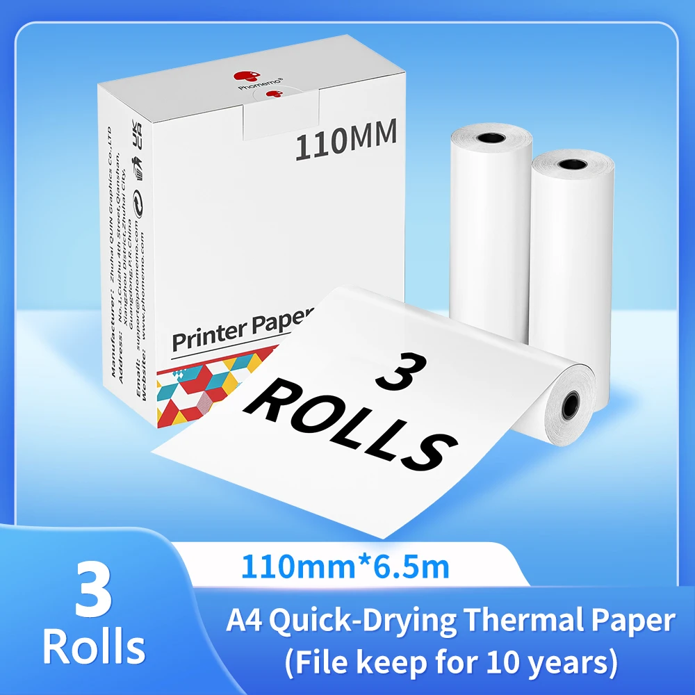 Phomemo Thermal Paper 50/80/110mm A4 Letter Size M08F M832 M834 M835 Printer Quick-dry Continuous Thermal Paper Documents Study