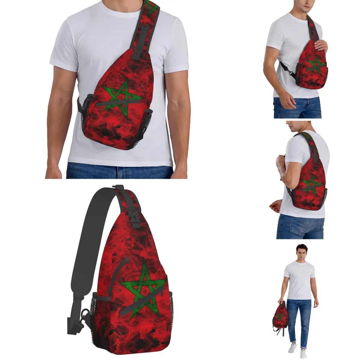 Bandolera con bandera marroquí para hombre y mujer, bolso de pecho, mochila de hombro, mochila de día para senderismo, paquete de viaje al aire libre