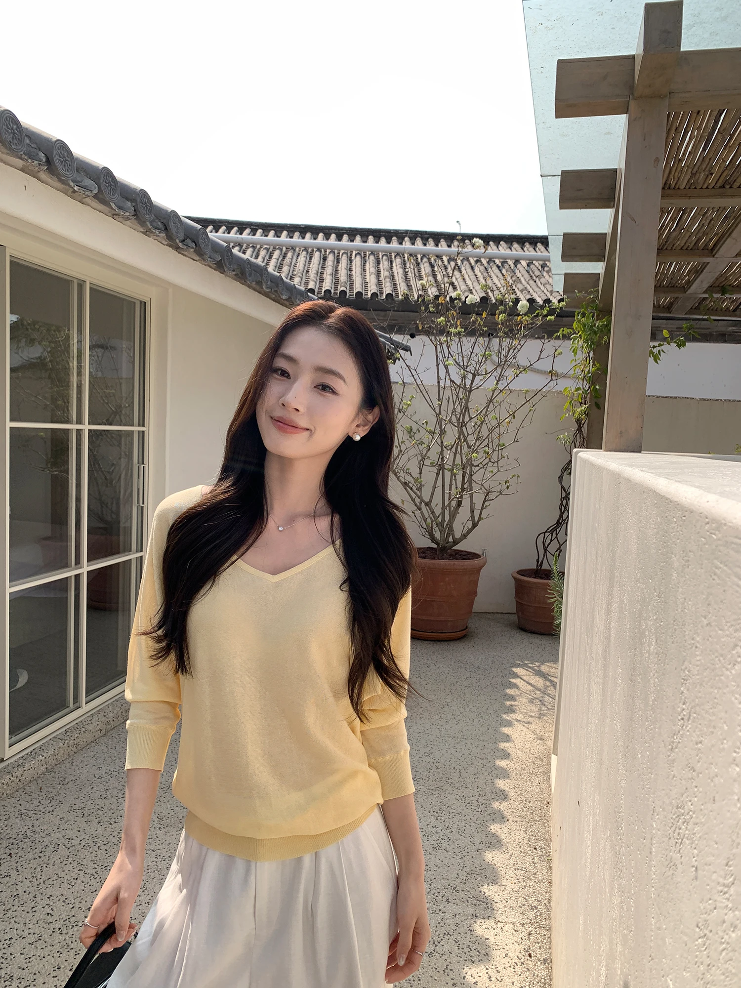 Pusumede Gentle Concerto Women's Knitted Cover up Slim Fit Batwing Sleeve V-Neck Thin Top Sun Protection Seven Sleeve