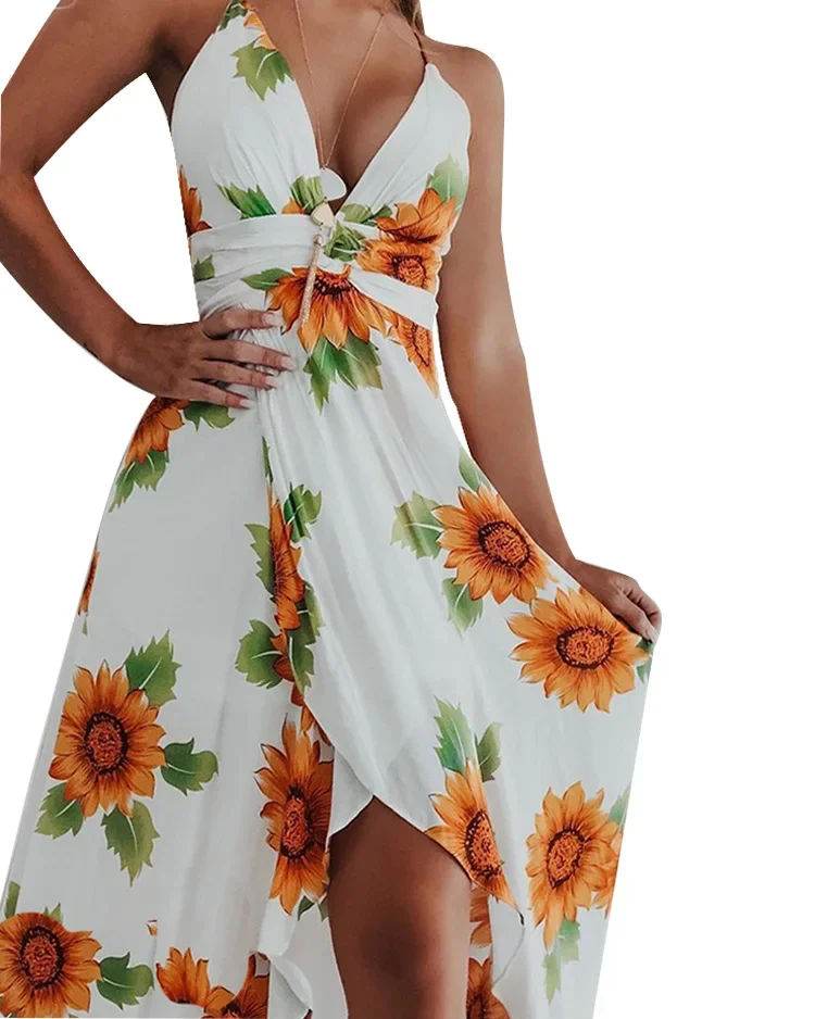 

2024 New Women's Halter Printed Irregular Large Swing Dress Sunflower Printed Mid Mid-length Dress Sleeveless Bohemian Dress