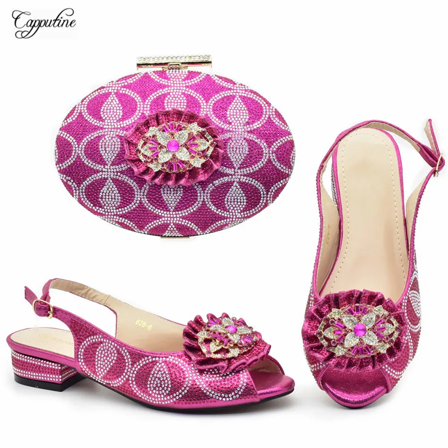 Conjunto de zapatos y bolso fucsia para mujer, sandalias africanas de verano con bolso de mano, tacones medios, 628-6