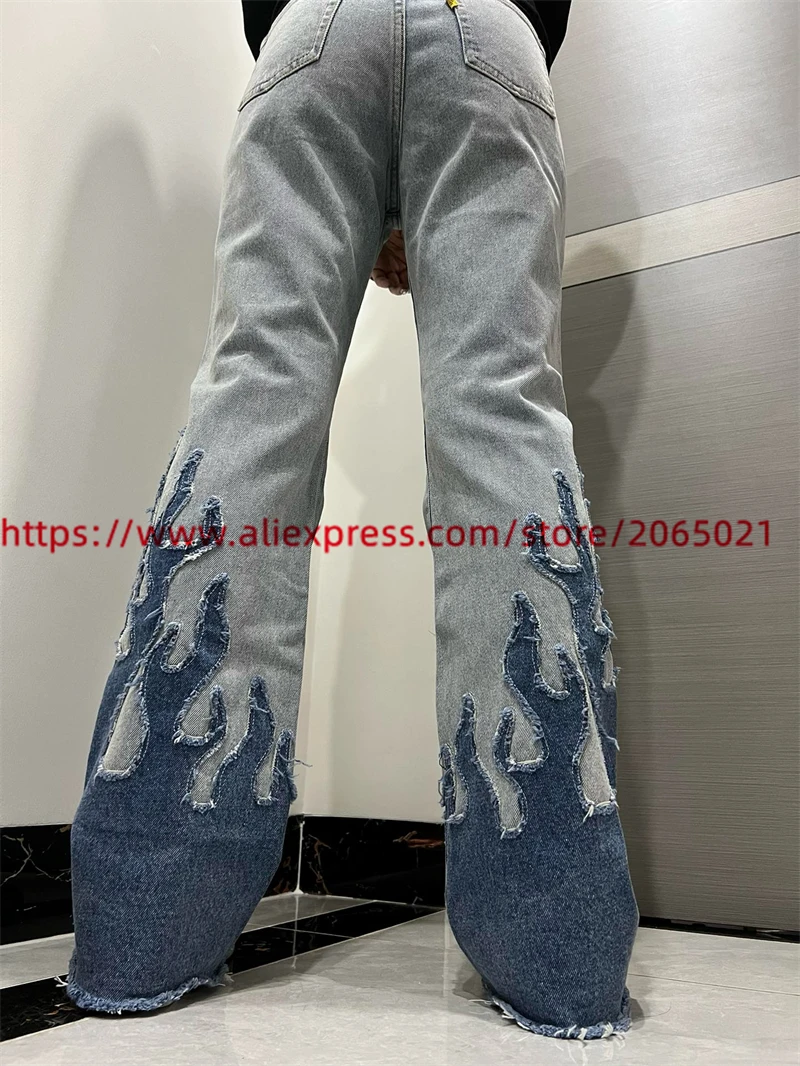 Patchwork Flame Tassels Jeans Men Women 1:1 Best Quality Loose Casual Washed Denim Pants