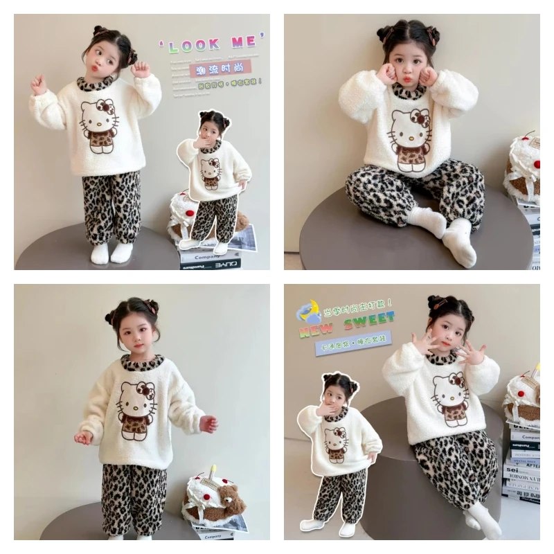 

Популярный пижамный комплект Sanrio для девочек, Hello Kitty Kawaii, зимние детские теплые утепленные топы с длинными рукавами, брюки, детская одежда