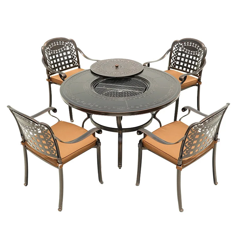

Korean Style Outdoor Barbecue Tables And Chairs Cast Aluminum Villa Garden Patio Barbecue Table Metal BBQ Grill Furniture