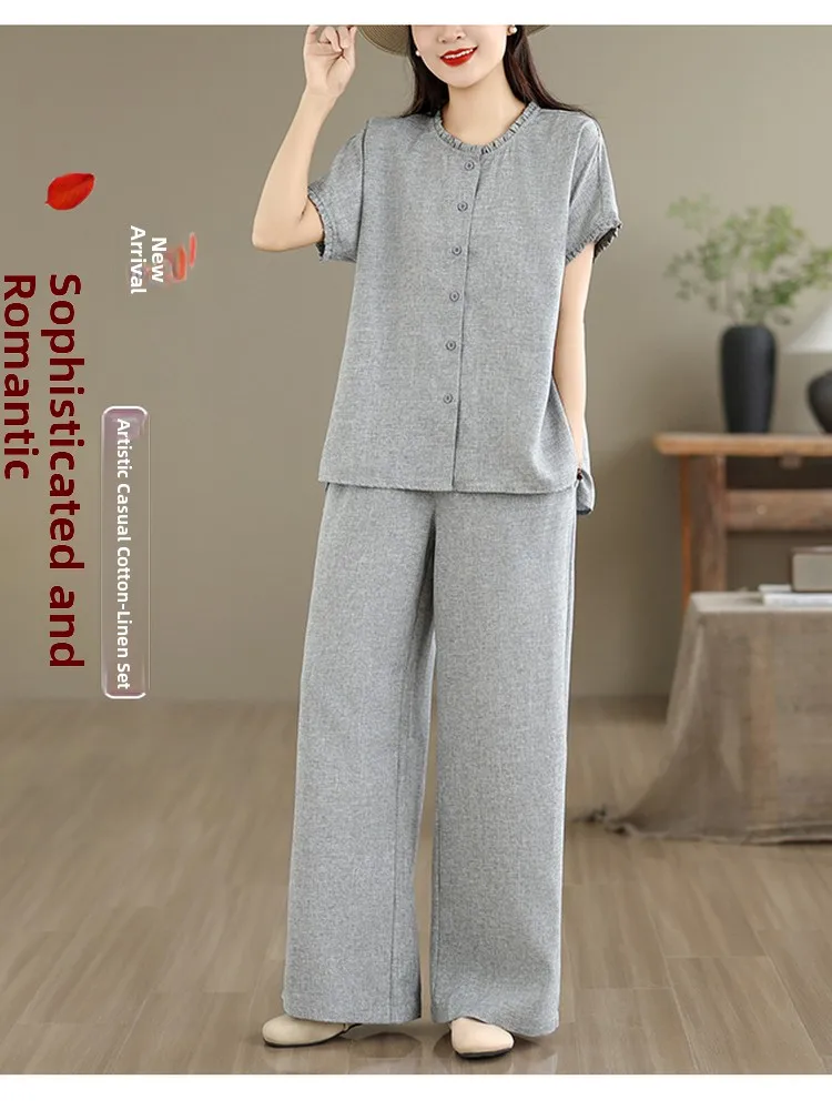 

Casual Cotton Linen Short Sleeve Shirt Top And Wide Leg Pants Two Piece Set Women Summer Loose Fit Fashion Ensemble