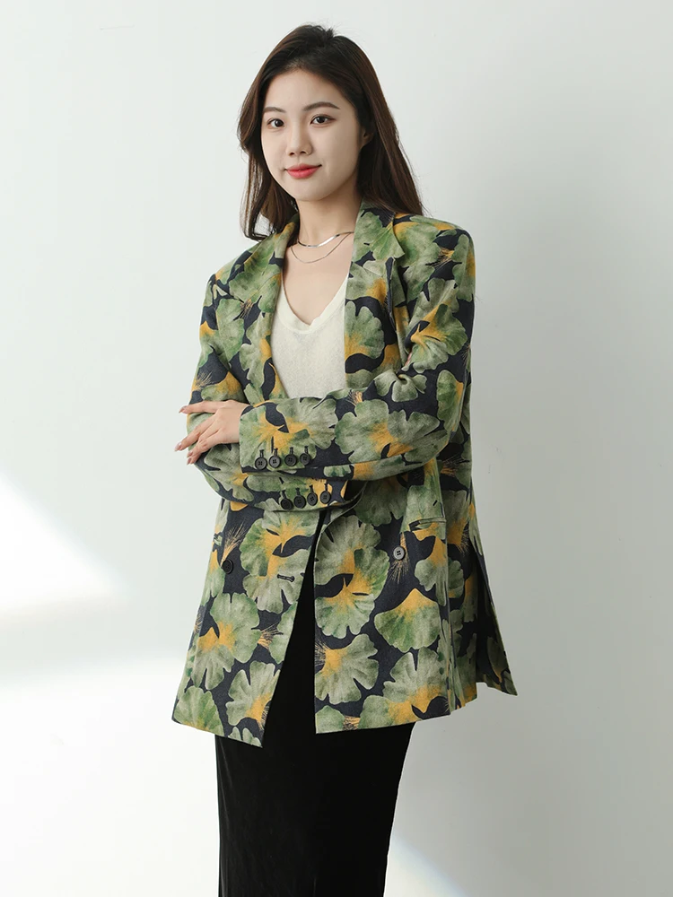 

Женский льняной костюм свободного кроя с длинным рукавом, повседневная одежда с цветочным принтом и отложным воротником