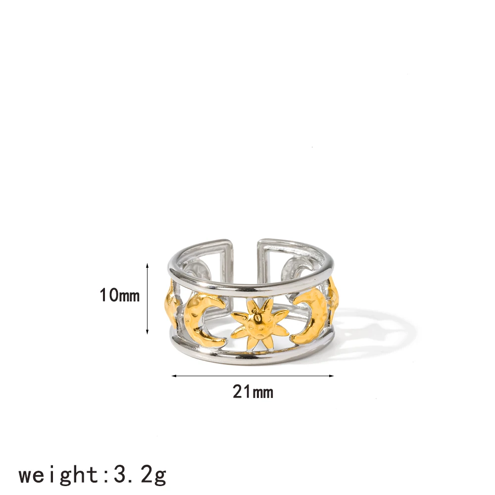 Vintage Edelstahl Geometrie Stern Mond Offener Ring 18K Vergoldet Wasserdichter Party-Schmuck Geschenke – Detail 7