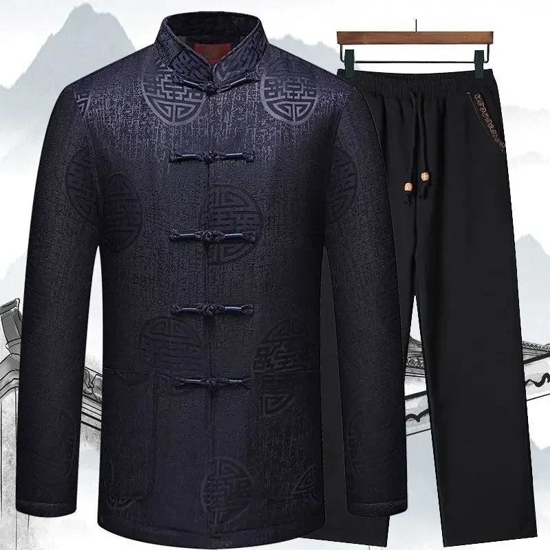 

Long Sleeve Coat&Pants Vintage Hand Button Tang Suit Men Chinese Stand Collar Kong Fu Clothing Print Male Tai Chi Cheongsam