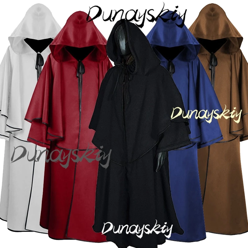 5 Colors Windproof Cosplay Cloak Long Cape Poncho Gothic Mens Monk Cos Hooded Halloween Death Mantles Adult Cosplay Customized