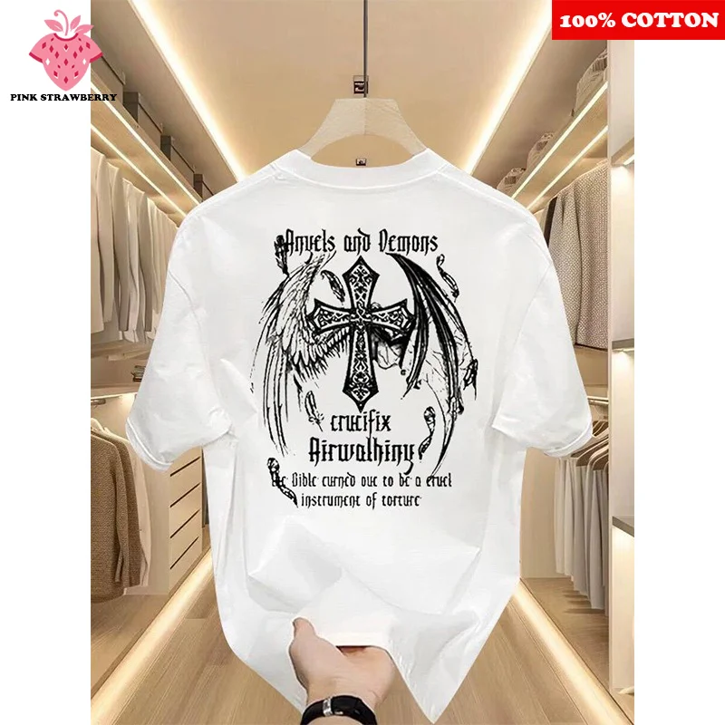

American style Retro Angel Wings Print T-shirt Men Summer 2025 New 100%Cotton Short sleeve T-shirt Y2k Tops Street Male clothing