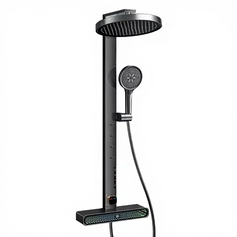 2026 Tiktok Trend Gunmetal Gray Smart Led Back Waist Massage Shower System Exposed Wall Mounted Bathroom Faucets Shower Set