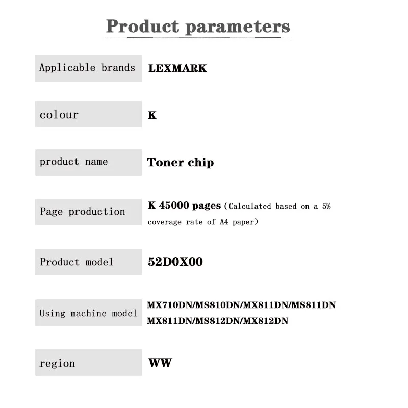 Chip de toner para LEXMARK, chip de cartucho, MX710DN, MS810DN, MX811DN, MS811DN, MX811DN, MS812DN, MX812DN, 52D0X00, 52D0X0E, 52D0N