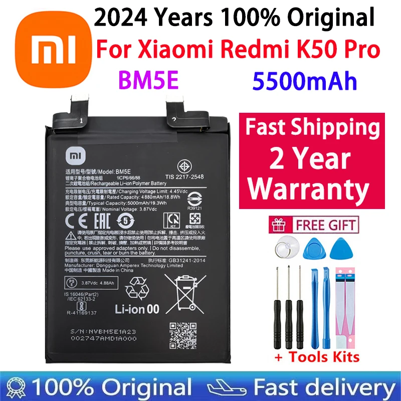 

2024 Years 100% Original High Quality BM5E 5500mAh Battery For Xiaomi RedMi K50 Pro K50Pro Phone Replacement Batteries Fast Ship