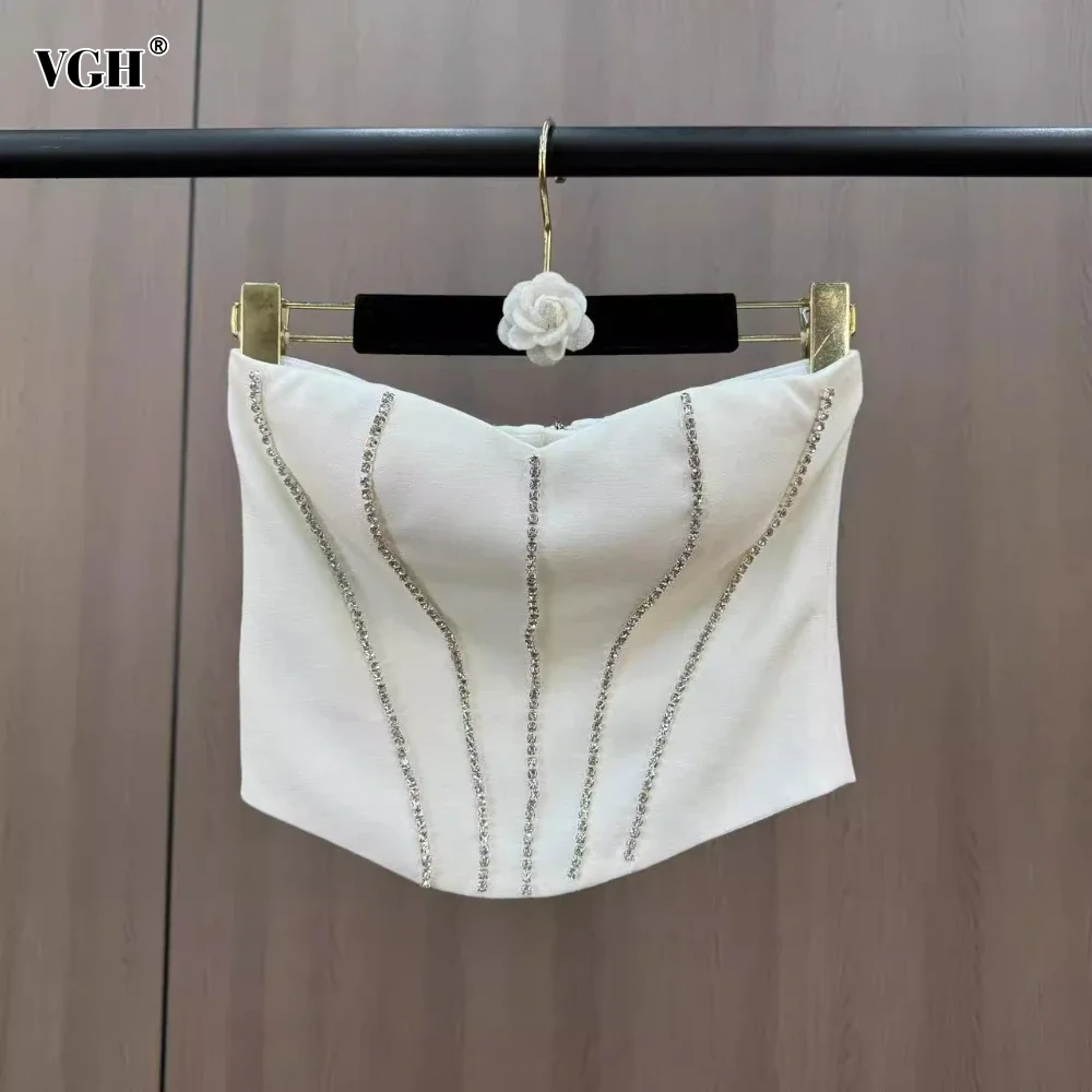 VGH Sexy Prom Whiter Spliced Sequins Vest for Women Sweatheart Neck Sleeveless Patchwork Zipper Slimming Tube Top Female Clothes