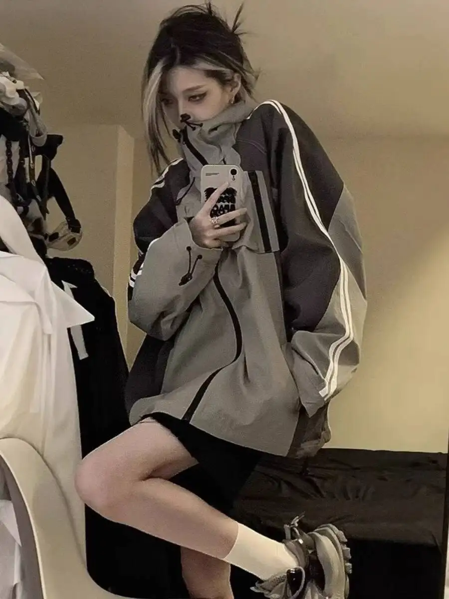 

Unisex Spring Autumn Trendy Brand Contrast Color Patchwork Jacket Loose Fashion Techwear Cargo Hooded Windbreaker