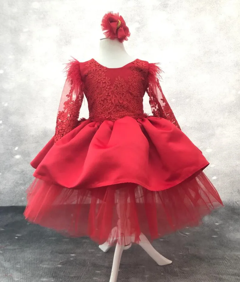 

Puffy Red Baby Girl Dresses 2023 New Customized Kids Birthday Dress Tulle Pearls Princess New Year Christmas Gown with Headbow