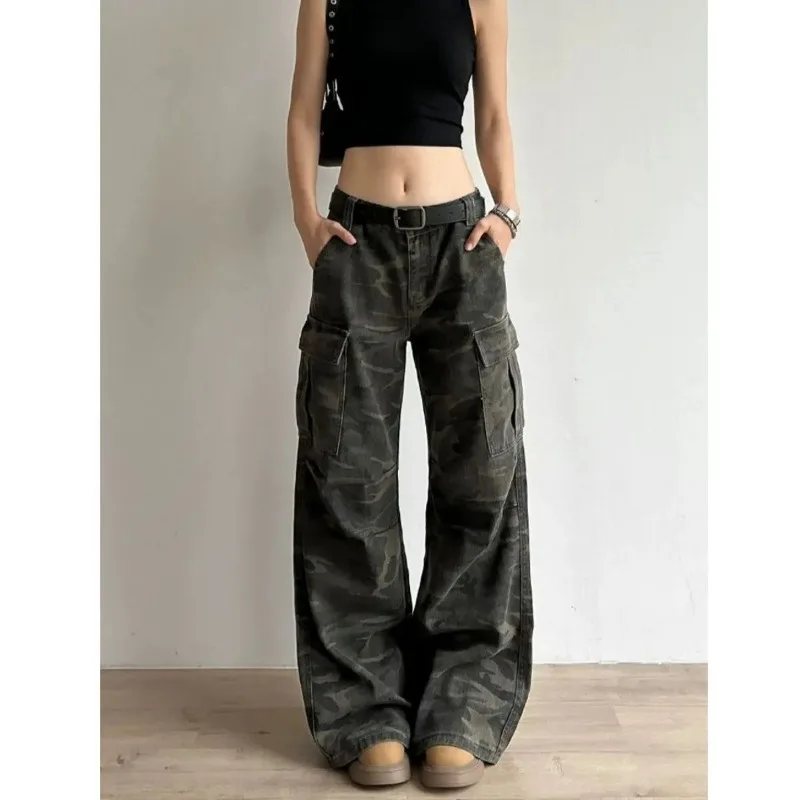 

Джинсы с камуфляжным принтом для женщин, плиссированные, свободного кроя, карго, не облегающие, с драпировкой, широкие штанины