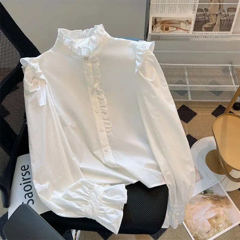 French Black Ear Shirt For Women With Inner Wear Design Niche Retro Short Flared Sleeve Stand Collar White Top