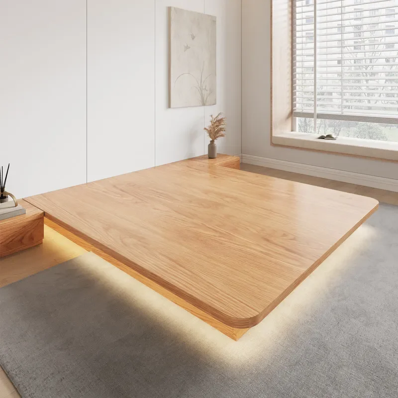 Solid Wood Tatami Bed for Small Apartment Modern Simple Space Saving High Box Bed with Lamp Floor Bed without Bedside