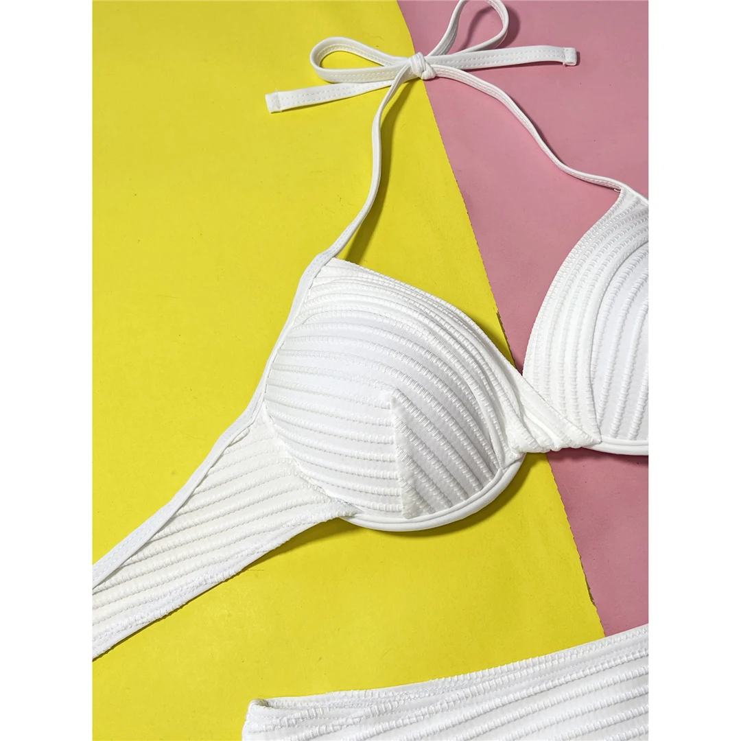 Gefalteter Neckholder-Bikini mit Bügel, Damen-Badebekleidung, zweiteiliger Bikini-Set, mittelhoher Bund, Badeanzug, Badebekleidung, Schwimmbekleidung V5440 – Detail 17